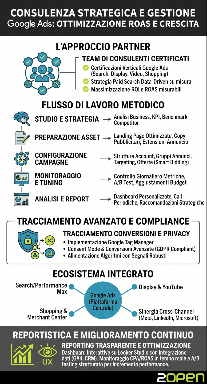 Infografica illustrativa sulla consulenza e gestione delle campagne Google Ads